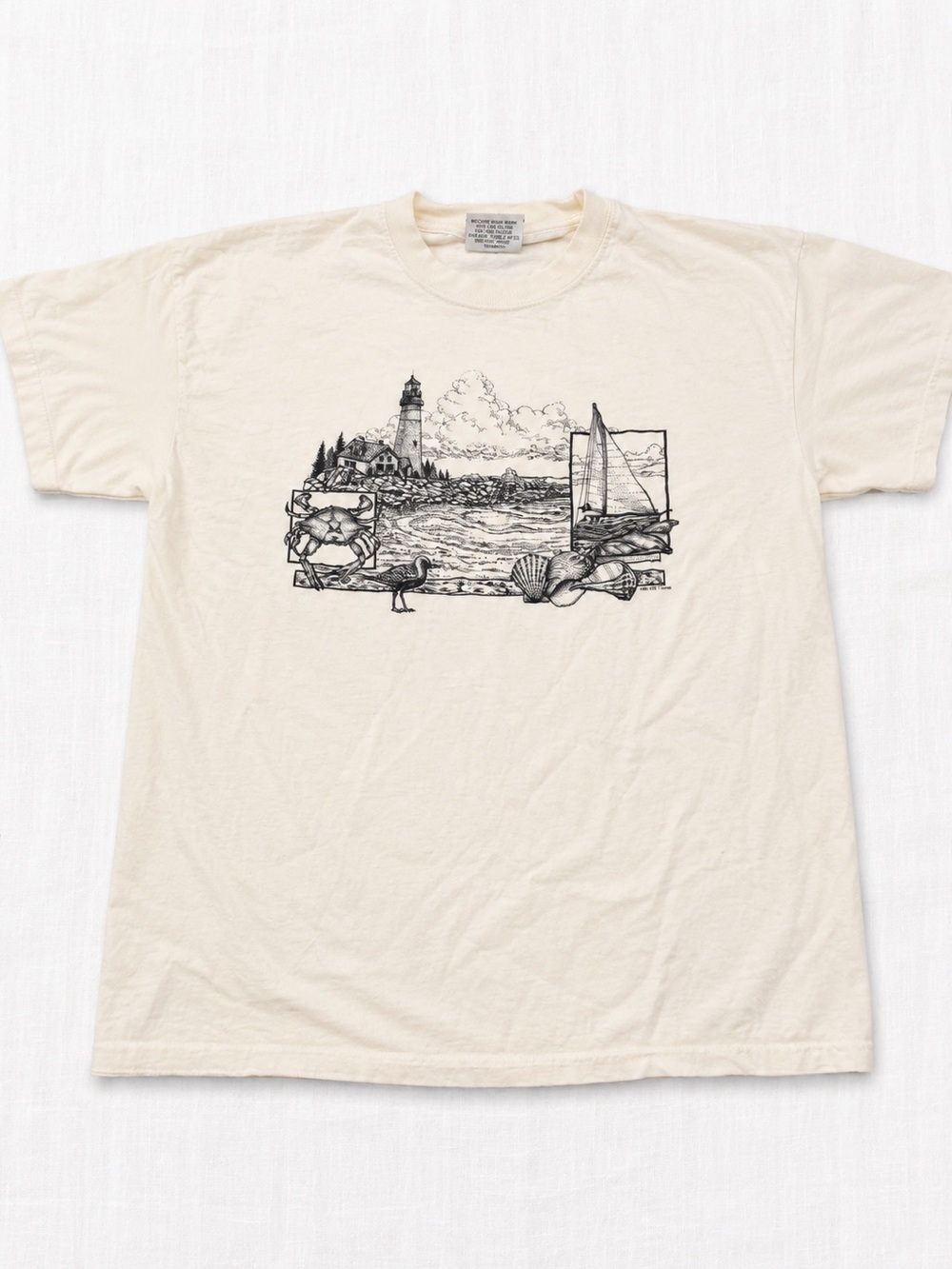 Men's Cream Lighthouse Graphic Tee - Coastal Scene Short Sleeve Shirt